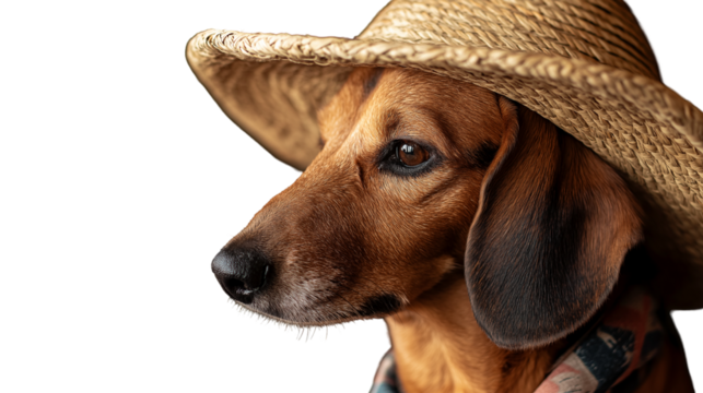 Dachshund in summer straw hat and scarf, looking to the side, cinematic lighting