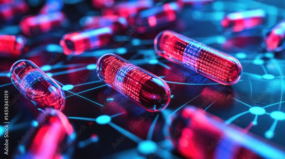 Aufkleber transparent capsules encoded with nanotech interfaces floating over digital health grids