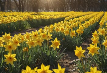 Obraz premium Sunlit field of vibrant yellow daffodils in full bloom , yellow, daffodil field