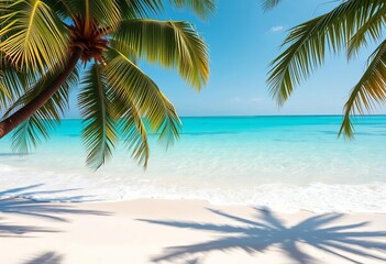 Fototapeta premium Azure turquoise water laps a white sand beach; palm trees sway in the warm breeze, sun, scenic