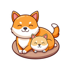Fototapeta premium Download Cute Cat Sleeping On Shiba Inu Dog Cartoon Vector Eps File For Design.