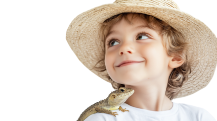 Child wearing straw hat with lizard perched on it, isolated on white, minimalistic style