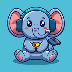 Obraz premium Download Cute Elephant Playing Game With Headphone Cartoon Vector Eps File For Design.