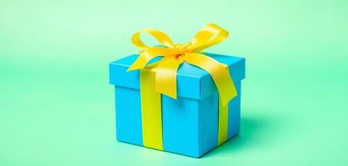 Bright blue gift box with yellow ribbon, pastel green background,  celebratory, color