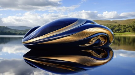 Obraz premium Futuristic, sleek, sculpted vehicle resting on calm water, reflecting the surrounding landscape. Gold accents complement dark blue