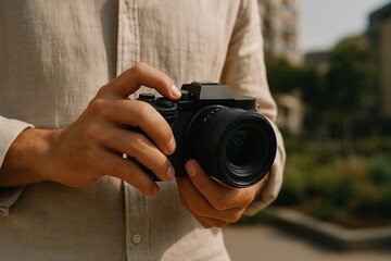 Fototapeta premium Hands holding vintage camera outdoors.