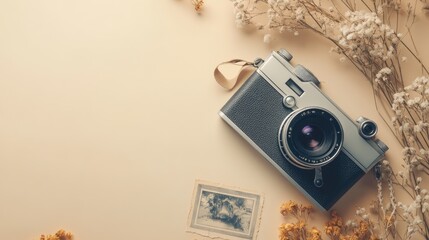 Elegant vintage film camera with dried flowers and old photograph on beige background and free place for text