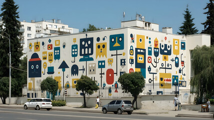 street transformed into a gallery of abstract graffiti featuring robotic symbols and AI hieroglyphs