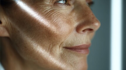 Naklejka premium Close-up of translucent aging skin with rejuvenating light beams, soft-focus tools in background - modern dermatology innovation 