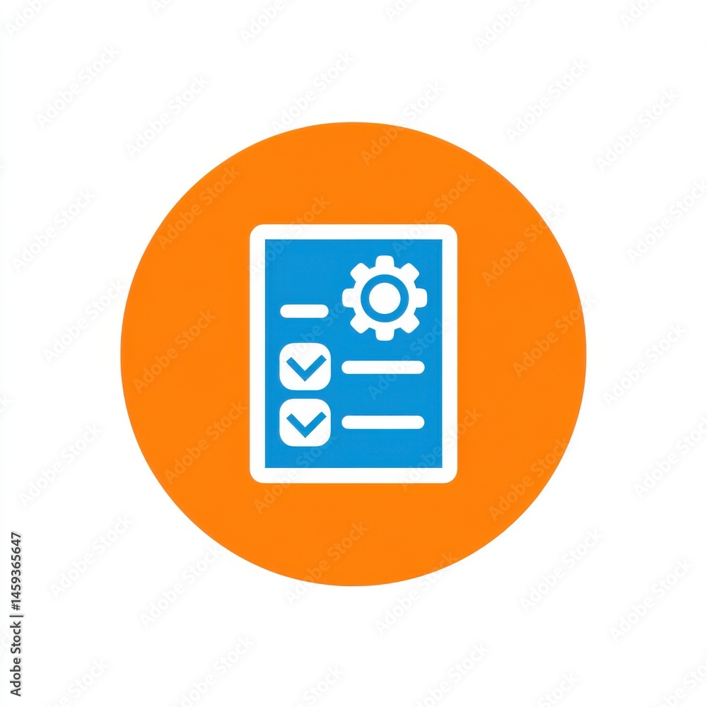 Poster a minimalist blue checklist or settings icon on a vibrant orange circular background representing cu