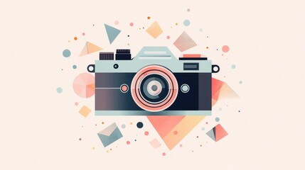 Fototapeta premium Retro camera illustration with geometric shapes and pastel colors on light background