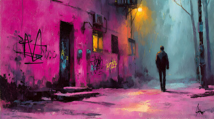 Obraz premium cityscape with bold AI-themed graffiti under flickering streetlights