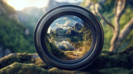 Nature mountains and forest landscape view through camera lens with blurred natural background