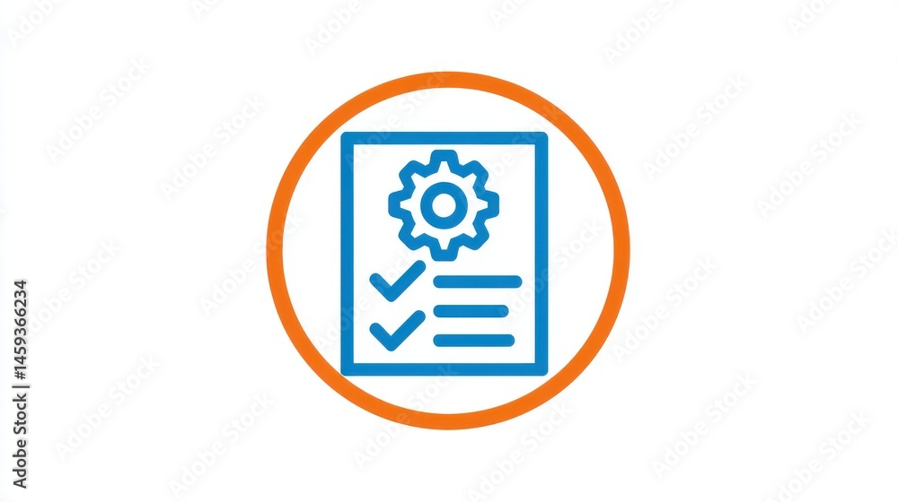 Poster a blue and orange checklist document icon with a gear symbol and checkmark representing planning org