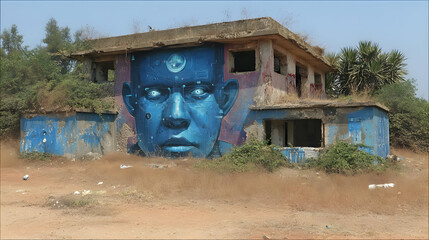 mural of a wise elder with digital circuitry blending into tribal face paint