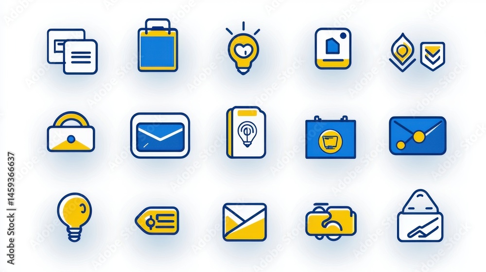 Poster a collection of colorful icons representing various elements of business communication and technolog