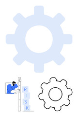 Large gear symbol in the background, smaller outlined gear, and person stacking blocks labeled risk. Ideal for business strategy, risk management, teamwork, decision-making, planning, engineering