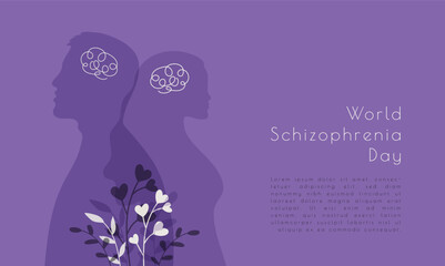 World Schizophrenia Day banner template with head of man and woman. Holiday concept with silhouettes of people. Flat style design for background, placard, card, and poster with copy space for info