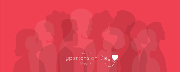 World Hypertension Day banner template with red silhouettes of various women and men. Diversity of people holiday concept. Blood pressure measurement stethoscope. Flat style.