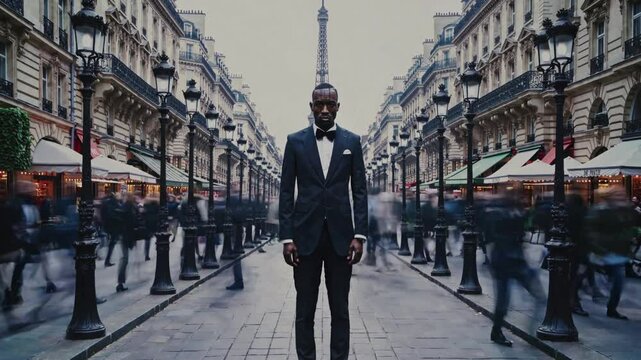  man in a suit stands in a surreal city environment inspired by Paris, France. The scene is created in a multiple exposure style with overlapping detailed crowd scenes