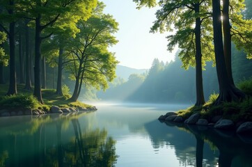 River between forest with green trees and rocks