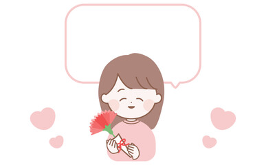 母の日のカーネションを持つ女性の吹き出しイラストカード