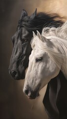 Obraz premium Dos retratos de caballos, uno negro y uno blanco, se enfrentan uno al otro contra un fondo dorado.
