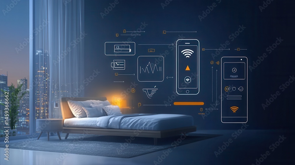 Poster futuristic smart home automation system with digital controls and interface displayed in a sleek con