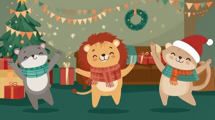 Naklejka premium Three adorable animals celebrating Christmas