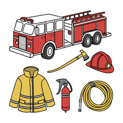 Set of Firefighting Equipment Including Tools, Uniform, and Fire Truck Illustration