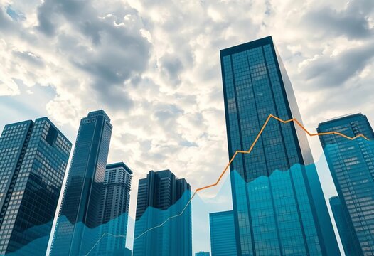 Financial charts overlaying skyscrapers against a cloudy sky, depicting real estate market analysis, skyscraper, market