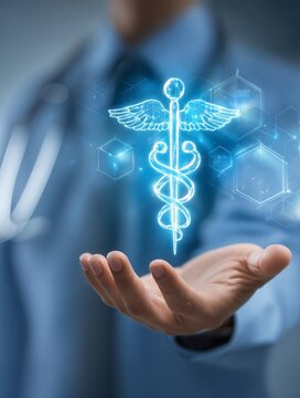 Un m&eacute;dico sostiene un s&iacute;mbolo de caduceo hologr&aacute;fico en la palma de su mano, con un fondo azul brillante.