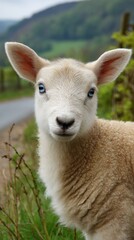 Obraz premium Close-up portrait of a fluffy lamb with bright blue eyes looking directly at the camera on farmland in rural landscape