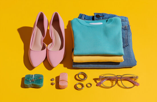 Vibrant Flat Lay of Colorful Fashion Items on Yellow Background - Powered by Adobe