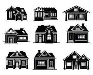 Black Silhouette Set of Residential House Icons. Flat design house silhouette
