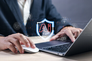 AI technology scam or cyber security warning concept, businessman working with computer showing data protection or warning about using AI technology to access software or online threats on internet