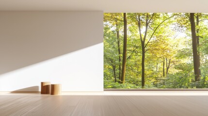 Soft sunlight entering through large windows, lighting a modern dining room.