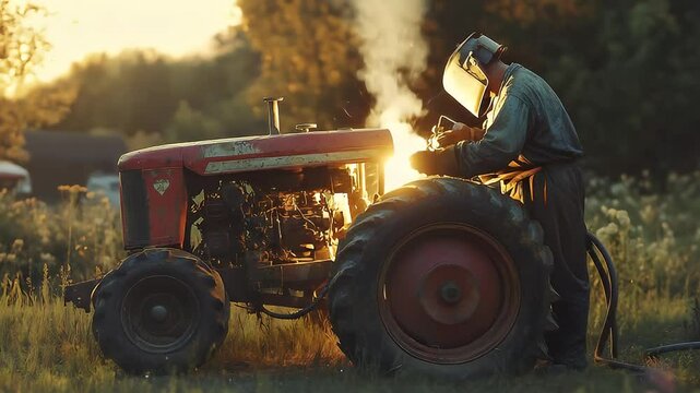 Farmer welding vintage tractor engine.
