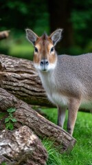 Adorable Grey Duiker Looking at Camera Next to Log in Lush Green Environment