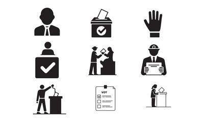 This set of black and white icons depicts various stages of the voting process, from casting a ballot to the final tally.
