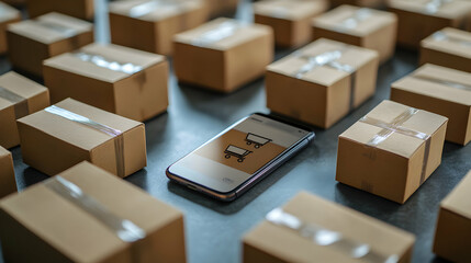 Smartphone and Online Shopping Concept with Cardboard Boxes Surrounding