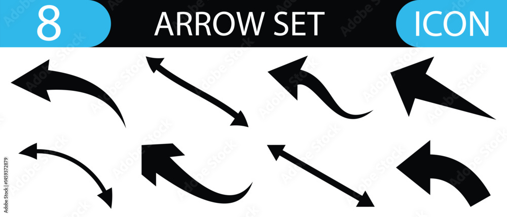 Poster single and double headed long and curved black arrow icon set. arrow set vector illustration. semi c