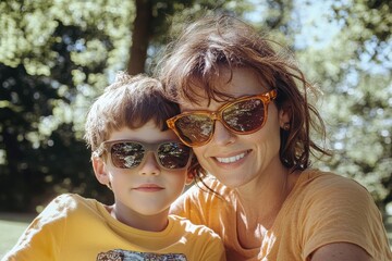 mother and son smiling in park with sunglasses