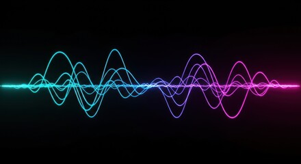 Abstract neon waves on black background glowing blue and pink light.