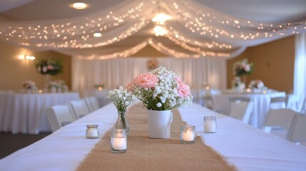 Elegant wedding reception hall adorned with soft pink and white floral centerpieces, lit by string lights, and featuring white tablecloths and chairs