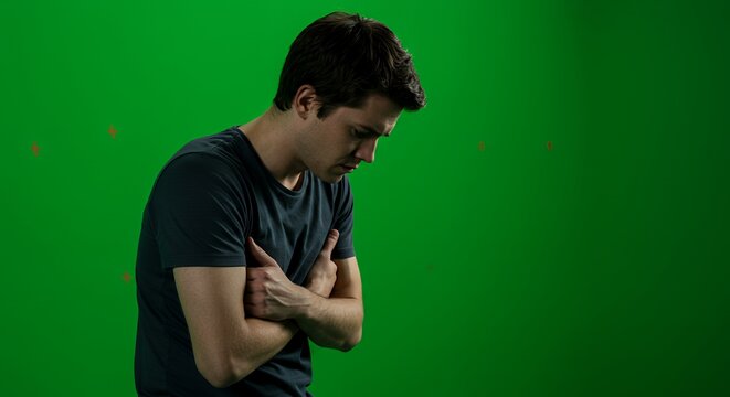 Sad Young Man Contemplating Isolated on Green Screen - Powered by Adobe