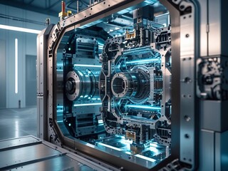 Fototapeta premium High-tech industrial turbine featuring chrome components and glowing light accents