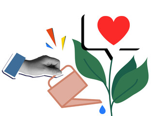 A hand waters a growing like tree from a watering can. Modern collage style. Illustration on...