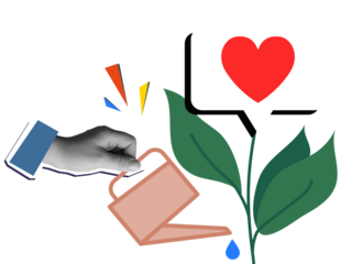 A hand waters a growing like tree from a watering can. Modern collage style. Illustration on transparent background