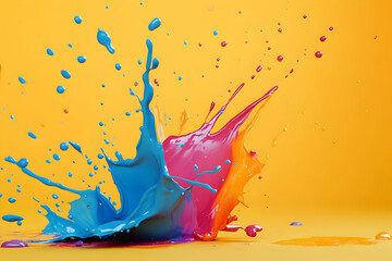 Vibrant Paint Splash in Blue, Pink, and Orange Against Yellow Background